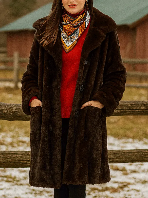 Stylish Western-Inspired Faux Fur Coat With Cowboy Hat Ensemble - Wantbright.com 