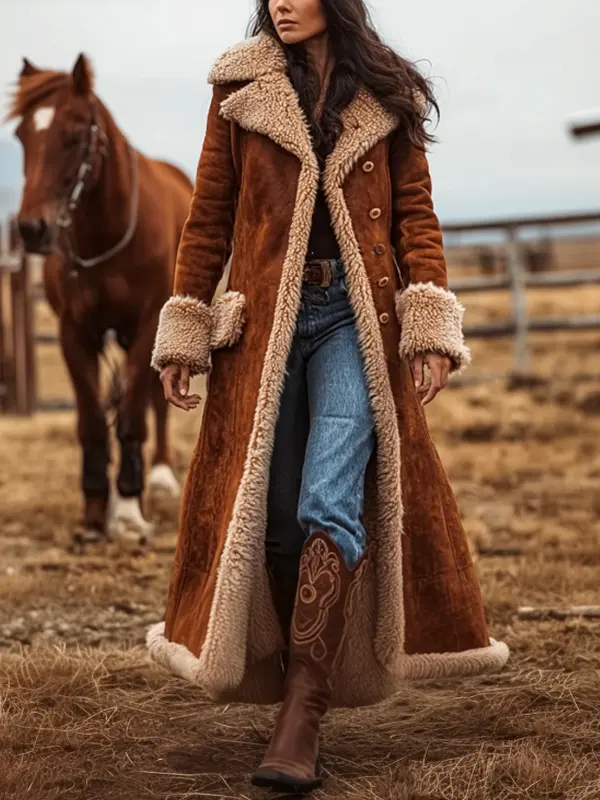 Women's Vintage Rustic Elegance: A Woman In A Luxurious Shearling Suede Safari Coat - Menbarn.com 