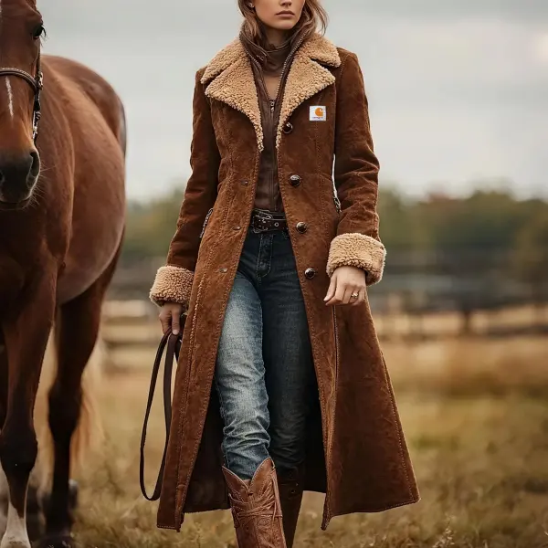 Women's Vintage Rustic Elegance: A Woman In A Brown Shearling Suede Safari Coat - Wayrates.com 