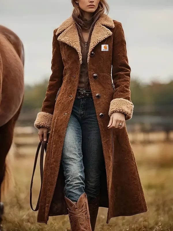 Women's Vintage Rustic Elegance: A Woman In A Brown Shearling Suede Safari Coat - Pragmaace.com 