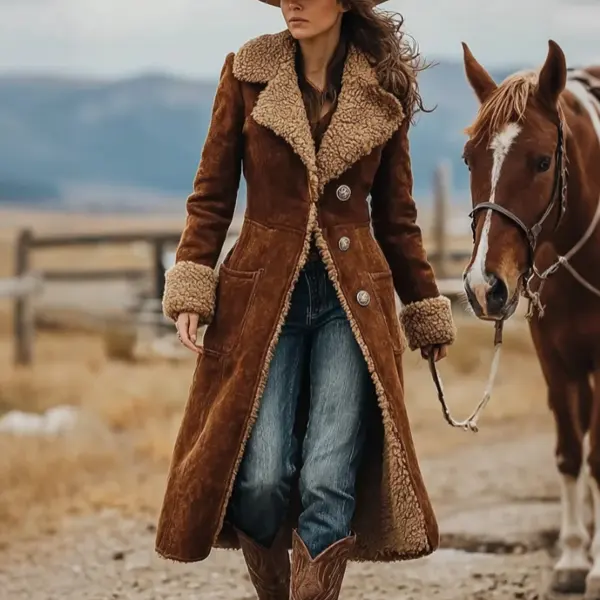 Women's Vintage Rustic Elegance: A Woman In A Brown Suede Safari Coat - Wayrates.com 