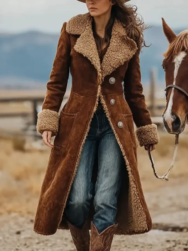 Women's Vintage Rustic Elegance: A Woman In A Brown Suede Safari Coat - Menbarn.com 