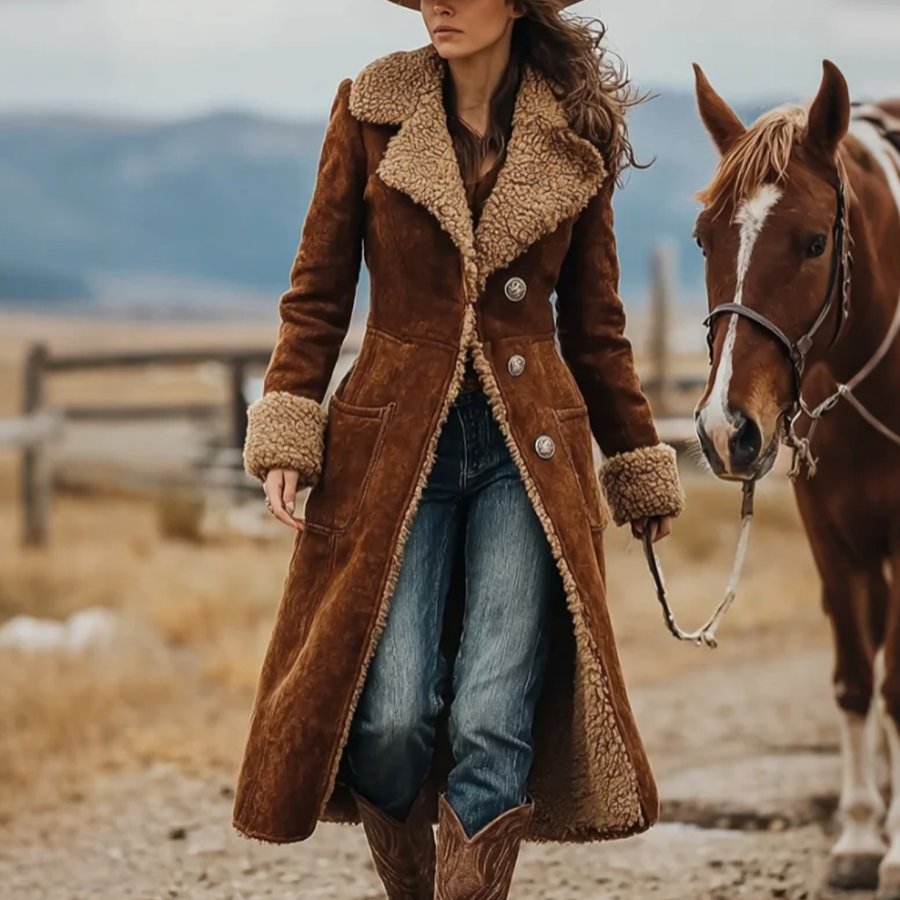 Women's Vintage Rustic Elegance: A Woman In A Brown Suede Safari Coat