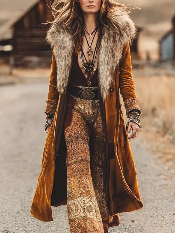 Women's Vintage Bohemian Chic: Velvet Coat With Fur Collar - Menbarn.com 