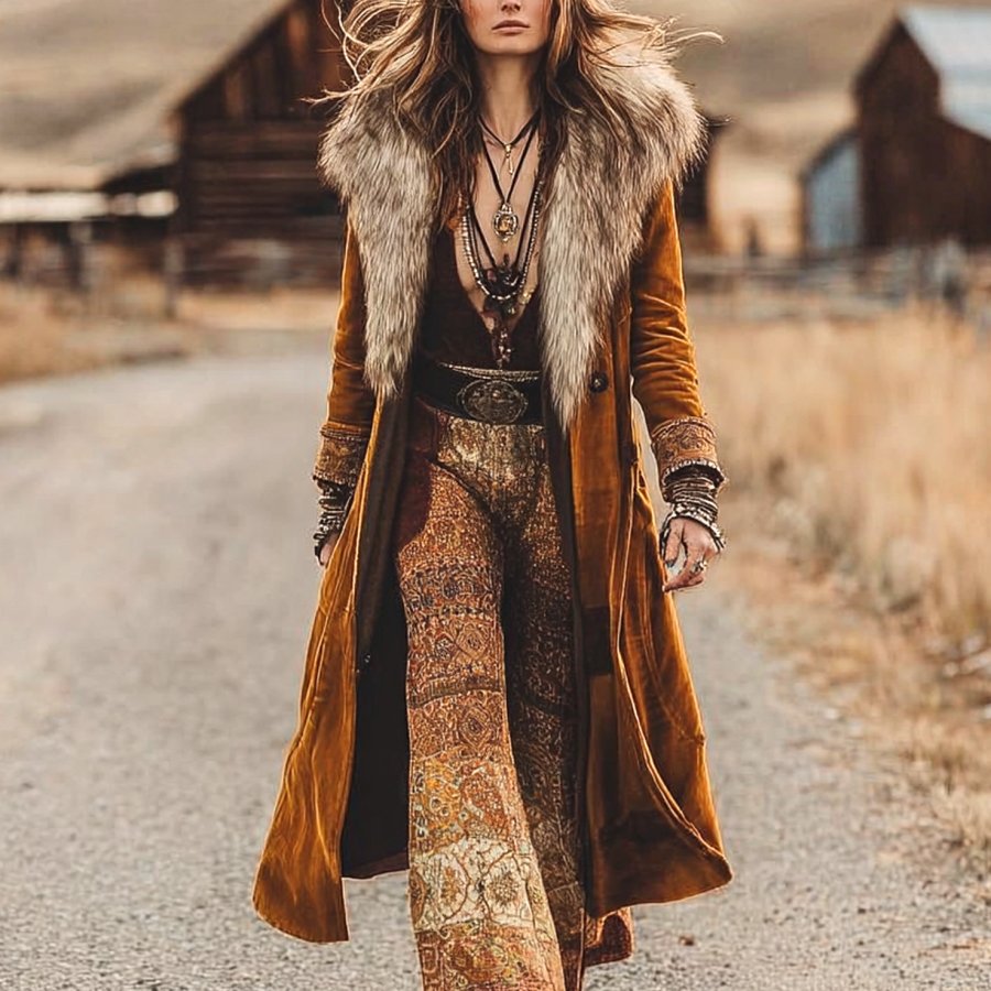 

Women's Vintage Bohemian Chic: Velvet Coat With Fur Collar