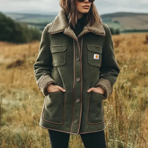 Women's Vintage Green Fleece Suede Safari Jacket With Sherpa Lining - Wayrates.com 