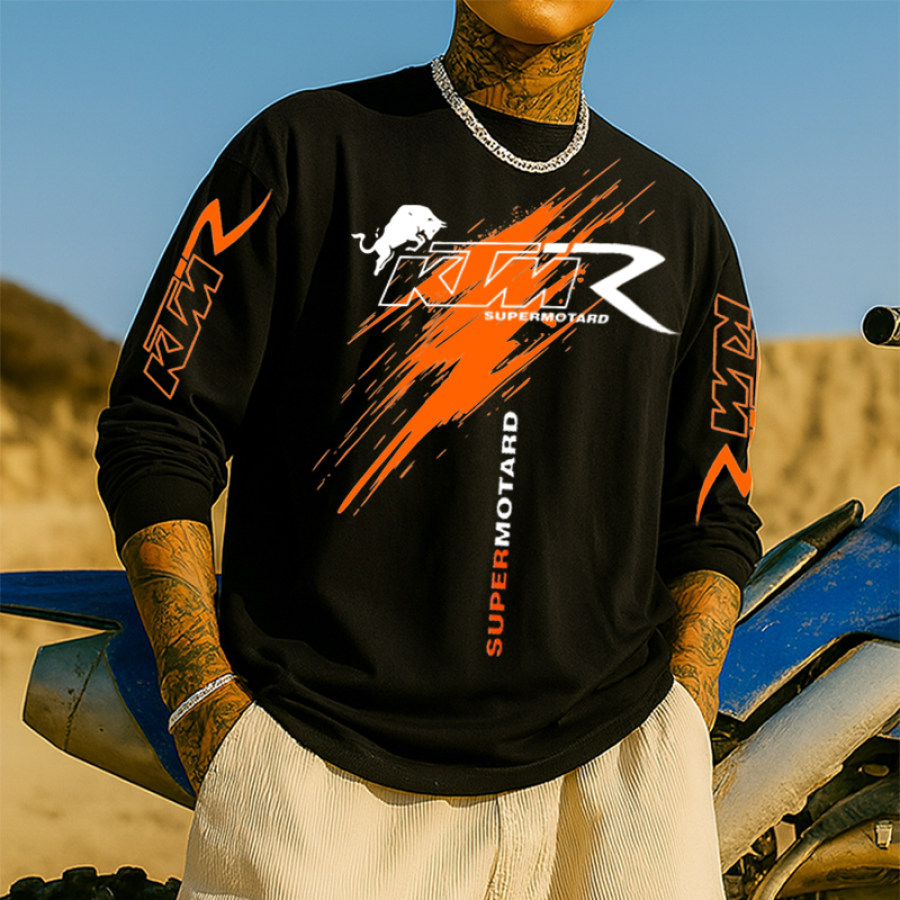 

Men's Black Loose Casual Racing Print Long-sleeved T-shirt
