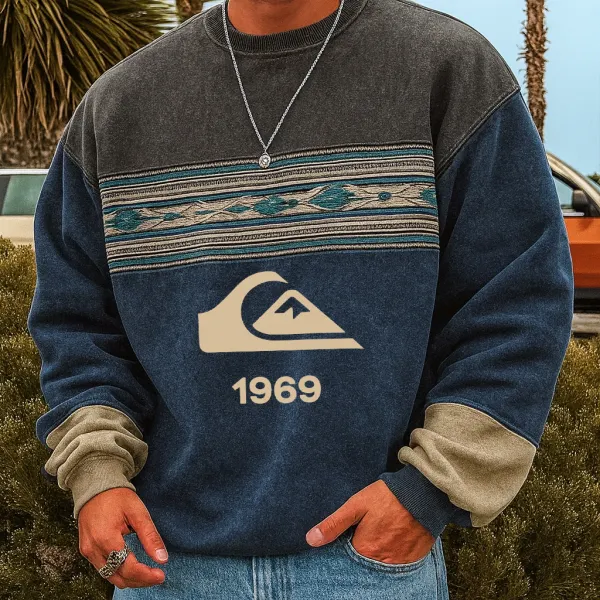 Men's Loose Casual Retro Printed Crew Neck Sweatshirt - Wayrates.com 