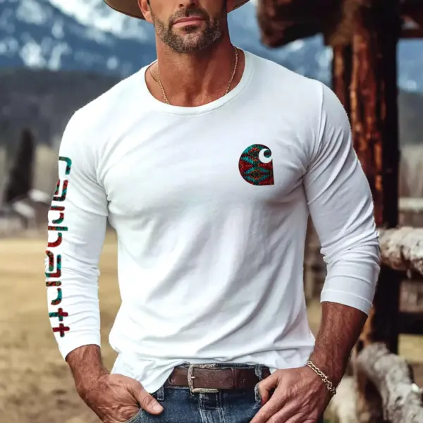 Men's Vintage Western Cowboy National Style Aztec Print Casual Round Neck White Long Sleeve T-Shirt - Wayrates.com 