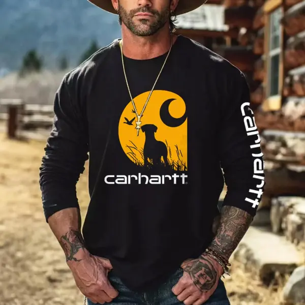 Men's Vintage Western Cowboy Dog Print Casual Round Neck Long Sleeve T-Shirt - Wayrates.com 