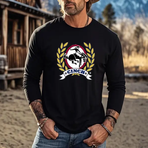 Men's Vintage Western Cowboy Rodeo Print Casual Round Neck Long Sleeve T-Shirt - Wayrates.com 