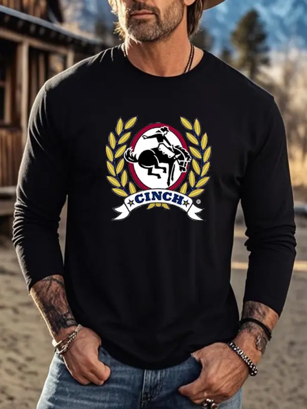 Men's Vintage Western Cowboy Rodeo Print Casual Round Neck Long Sleeve T-Shirt - Pragmaace.com 