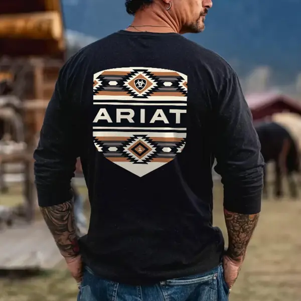 Men's Vintage Western Cowboy Logo Ethnic Aztec Print Casual Round Neck Long Sleeve T-Shirt - Wayrates.com 