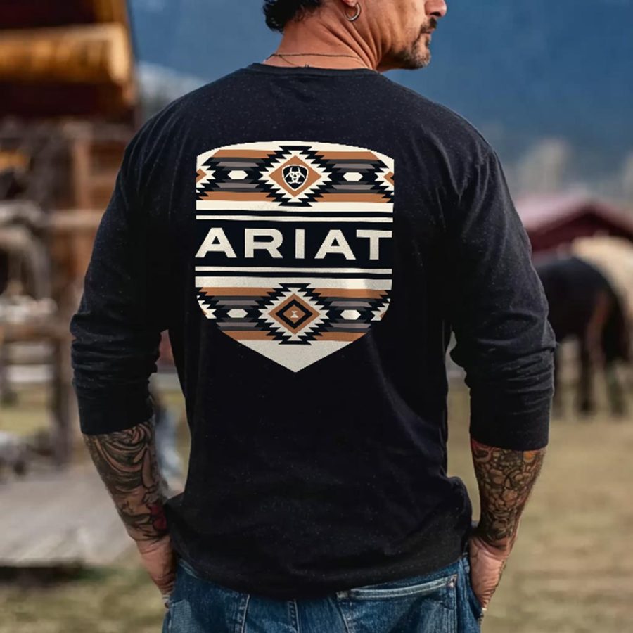 

Men's Vintage Western Cowboy Logo Ethnic Aztec Print Casual Round Neck Long Sleeve T-Shirt