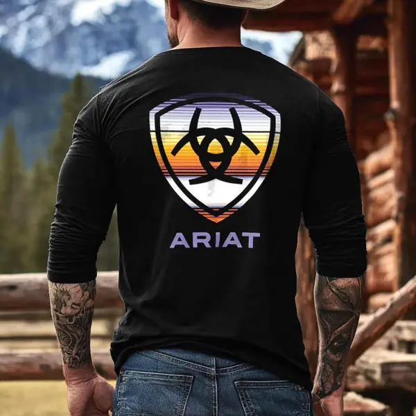 Men's Vintage Western Cowboy Logo Ethnic Aztec Print Casual Round Neck Long Sleeve T-Shirt - Wayrates.com 