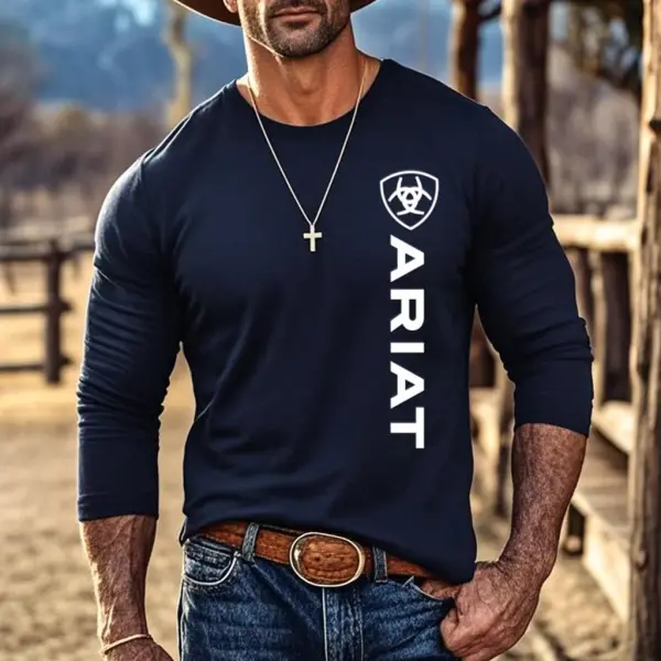 Men's Vintage Navy Blue Western Cowboy Logo Print Casual Round Neck Long Sleeve T-Shirt - Wayrates.com 