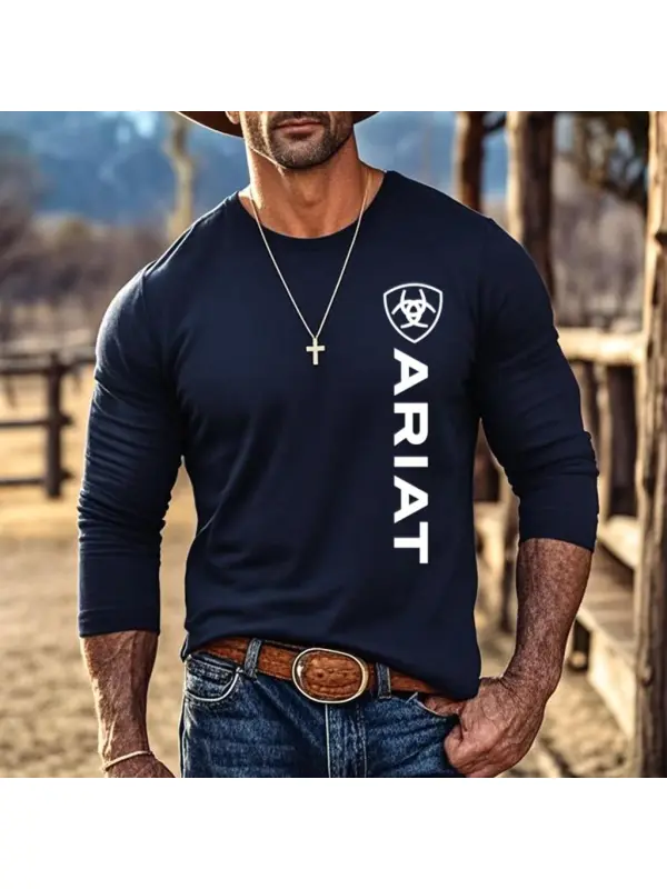Men's Vintage Navy Blue Western Cowboy Logo Print Casual Round Neck Long Sleeve T-Shirt - Aptkoi.com 