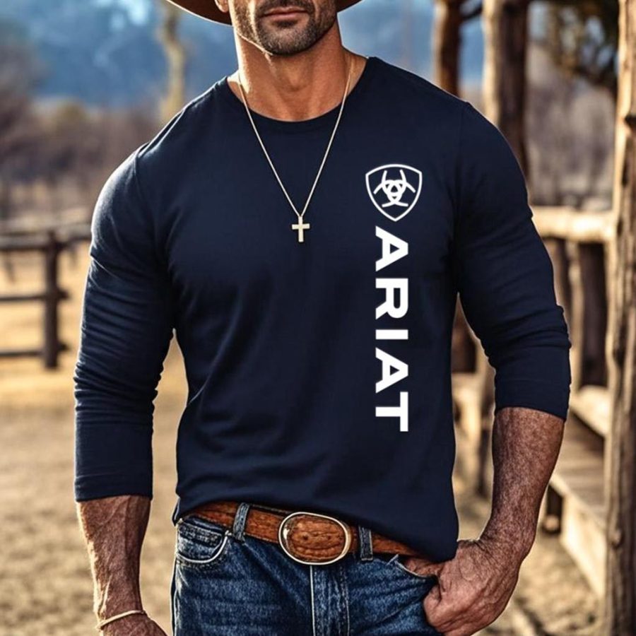 

Men's Vintage Navy Blue Western Cowboy Logo Print Casual Round Neck Long Sleeve T-Shirt