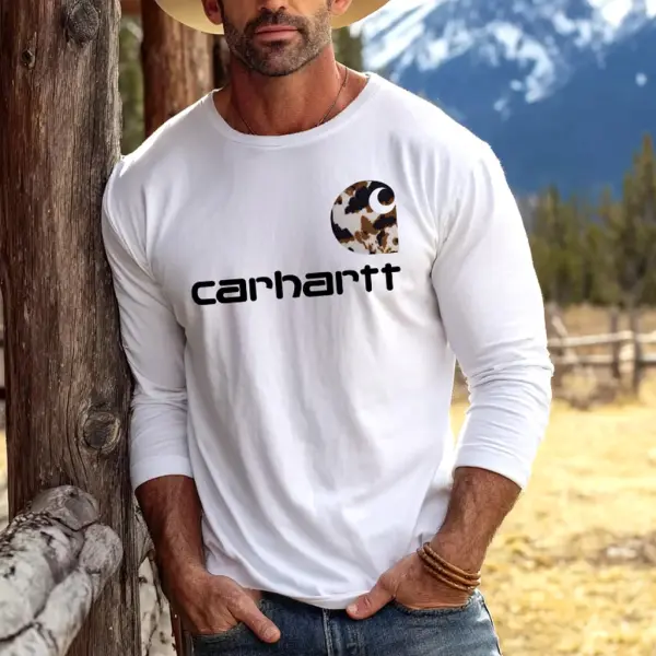 Men's Vintage Western Cowboy Leopard Print Casual Round Neck Long Sleeve T-Shirt - Wayrates.com 