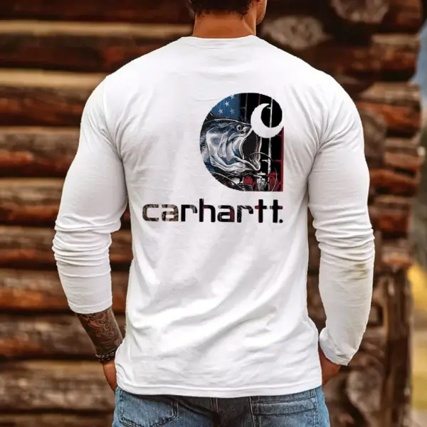 Men's Vintage Western Cowboy Fishing Print Casual Round Neck Long Sleeve T-Shirt - Wayrates.com 