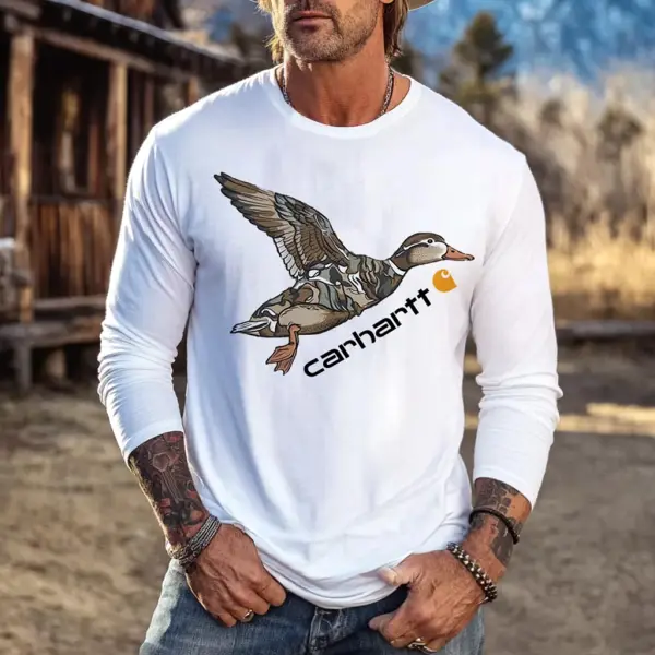 Men's Vintage Western Cowboy Duck Print Casual Round Neck Long Sleeve T-Shirt - Wayrates.com 