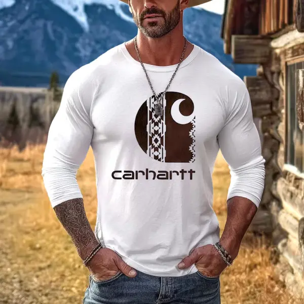 Men's Vintage Western Cowboy Logo Ethnic Aztec Print Casual Round Neck White Long Sleeve T-Shirt - Wayrates.com 