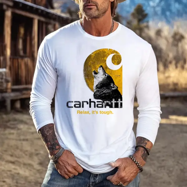 Men's Vintage Western Cowboy Wolf Print Casual Round Neck Long Sleeve T-Shirt - Wayrates.com 
