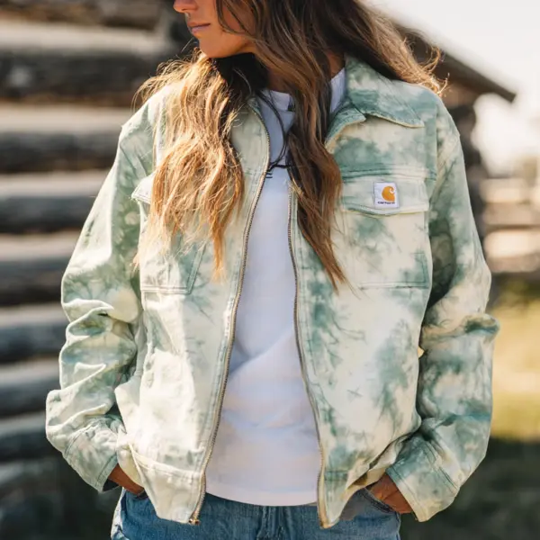Women's Vintage Western Cowboy Cowgirl Green Tie-Dye Detroit Trucker Blanket Lined Jacket - Wayrates.com 