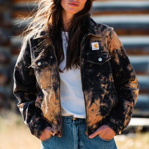 Women's Vintage Western Cowboy Cowgirl Black And Brown Tie-Dye Detroit Trucker Blanket Lined Jacket - Wayrates.com 
