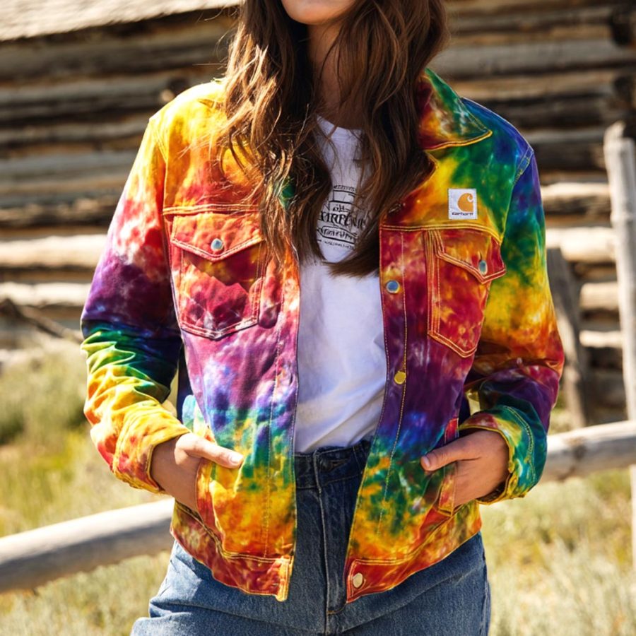 

Women's Vintage Western Cowboy Cowgirl Colorful Tie-Dye Detroit Trucker Blanket Lined Jacket
