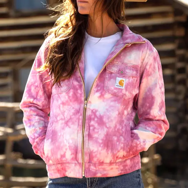Women's Vintage Western Cowboy Pink Tie-Dye Detroit Trucker Blanket Lined Jacket - Wayrates.com 