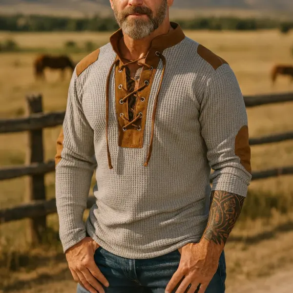 Men's Vintage Rustic Charm: Casual Lace-Up Sweatshirt In A Countryside Setting - Wayrates.com 