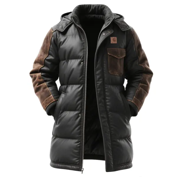 Leather Splicing Long Down Cotton Jacket With Detachable Hood And Reinforced Sleeves - Wayrates.chimpone.com 