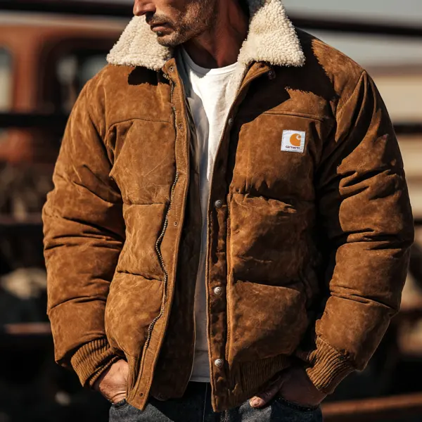 Men's Vintage Warm And Stylish Brown Suede Puffer Jacket With Faux Fur Collar - Wayrates.chimpone.com 
