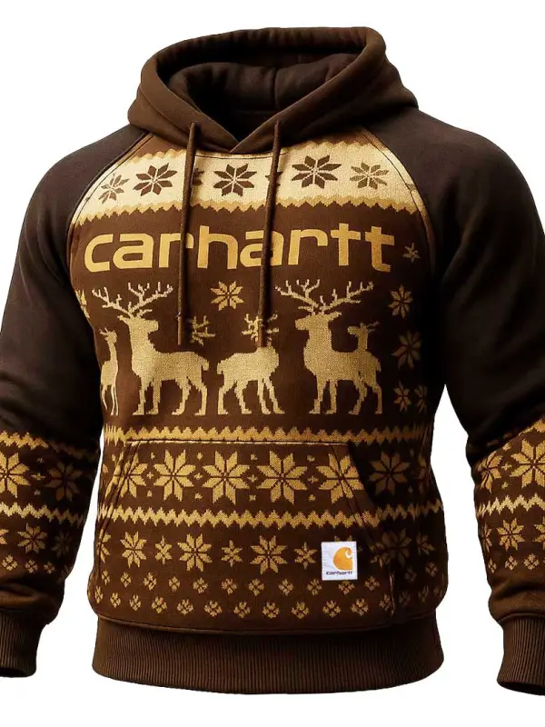 Men's Vintage Brown Reindeer Pocket Long Sleeve Christmas Ugly Print Hoodie - Simplyion.com 