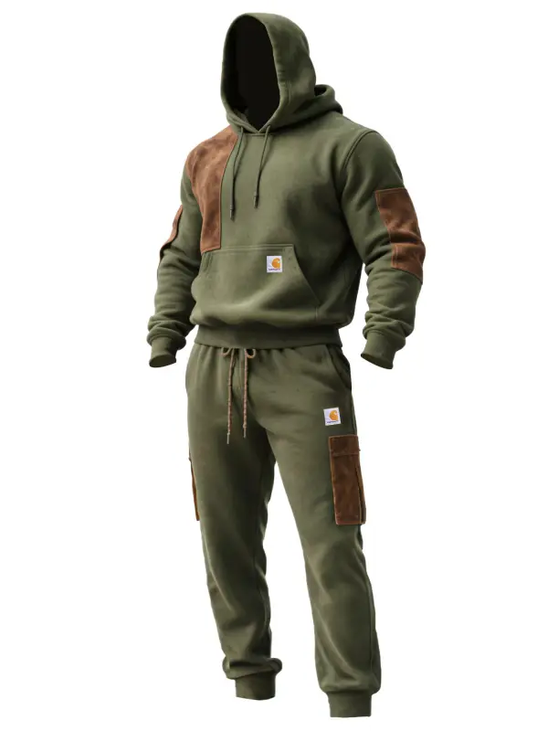 Men's Vintage Army Green Stitching Brown Suede Pocket Hoodie And Sweatpants Jogger Set - Simplyion.com 