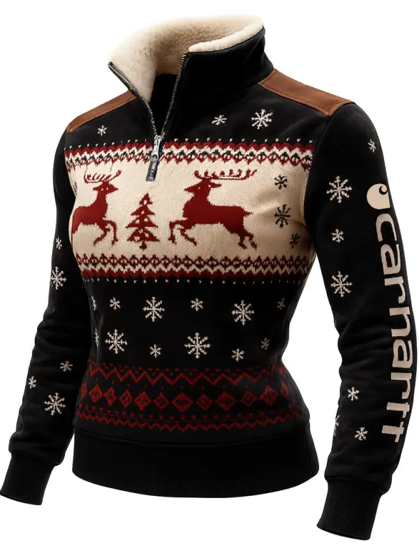 Men's Vintage Brown Reindeer Pocket Long-Sleeve Ugly Christmas Print Hoodie Women's Vintage Black Paneled Suede Quarter - Simplyion.com 