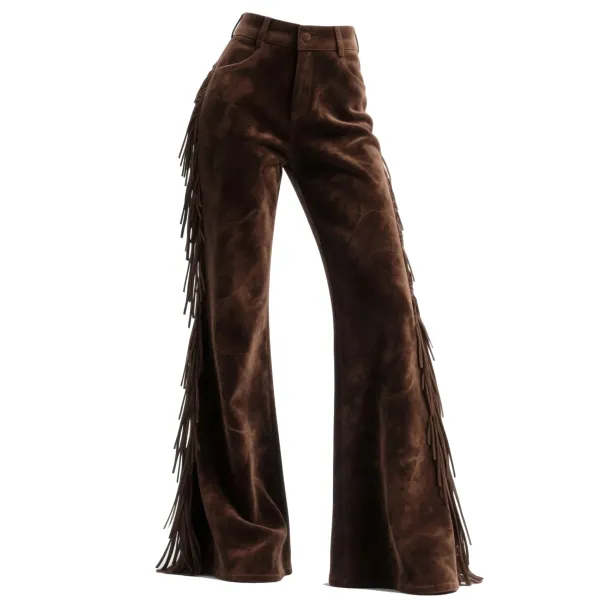 Vintage Western Women's Suede Tassel Flared Wide-Leg Pants - Wayrates.com 