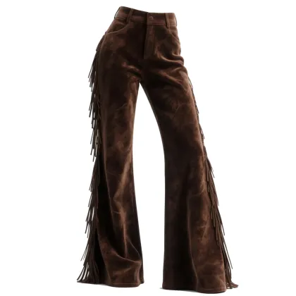 Vintage Western Women's Suede Tassel Flared Wide-Leg Pants