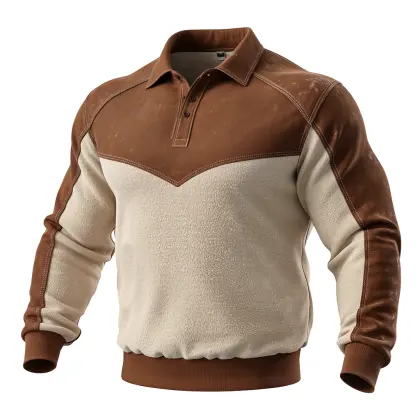 Men's Western Cowboy Suede Vintage And Fleece Polo Shirt
