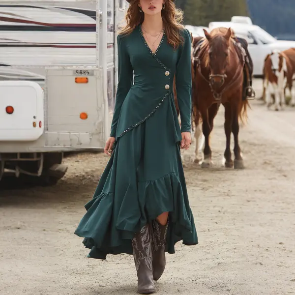 Women's Retro Western Suede Side Button Design Irregular Cut V-Neck Long Sleeve Dress - Wayrates.com 