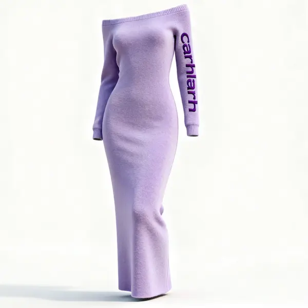 Women's Knit Off-Shoulder Long Dress With Embroidered Logo Lavender Purple - Wayrates.com 