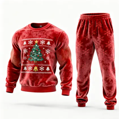 Unisex Casual Party Christmas Tree Pattern Red Fleece Sweatsuit