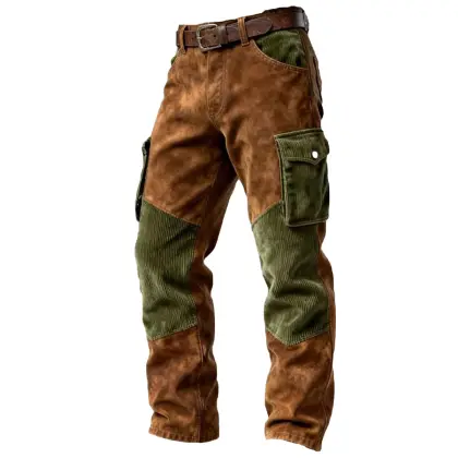 Men's Vintage Brown Suede Workwear Multi-Pocket Patchwork Corduroy Cargo Pants