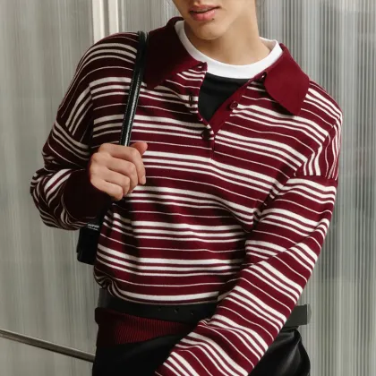 Retro Color-blocked Striped Polo Collar Knit Rugby Shirt