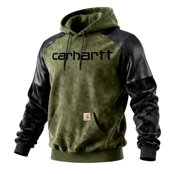 Men's Retro Outdoor Green Hoodie With Perforated Leather Sleeves - Wayrates.com 