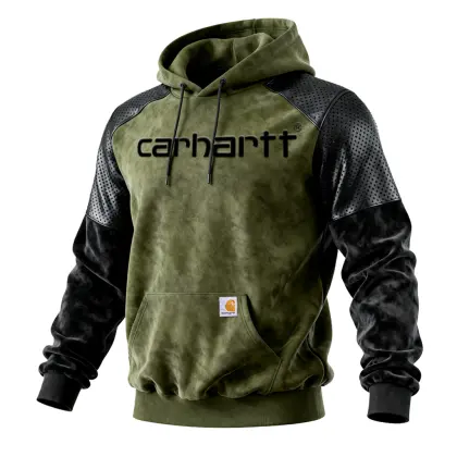 Men's Retro Outdoor Green Hoodie With Perforated Leather Sleeves