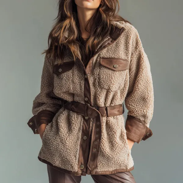 Women's Lambskin Patchwork PU Leather Pocket Retro Jacket - Wayrates.com 