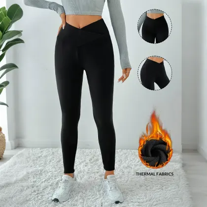 Women's Yoga Pants, Fleece-lined, Crossover, High-waisted, Breathable, Hip-lifting, Tummy-flattening, Sports Outdoor Le