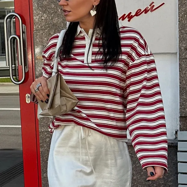 Retro Color-blocked Striped Polo Collar Long-sleeved Rugby Shirt - Wayrates.com 